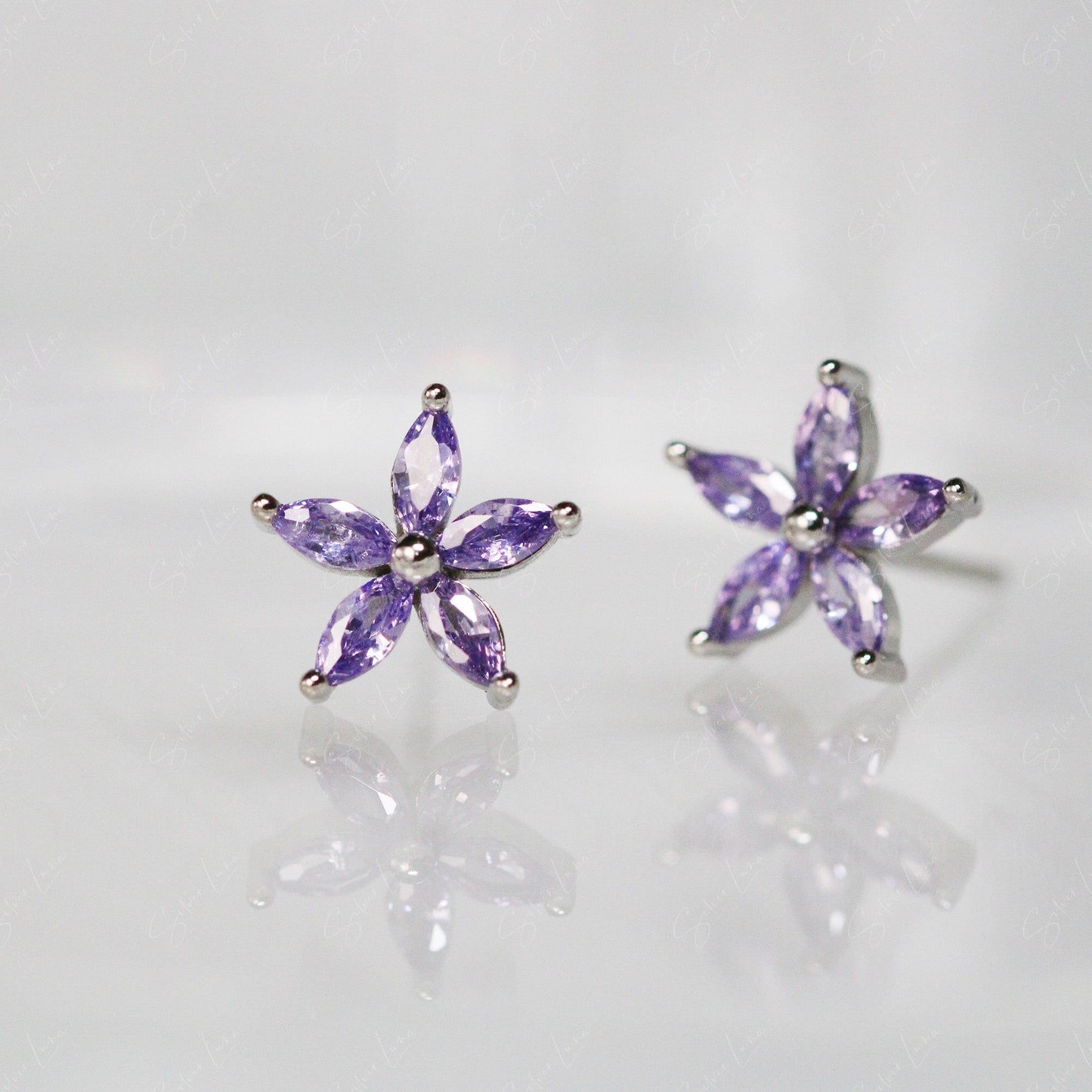 purple flower silver stud earrings