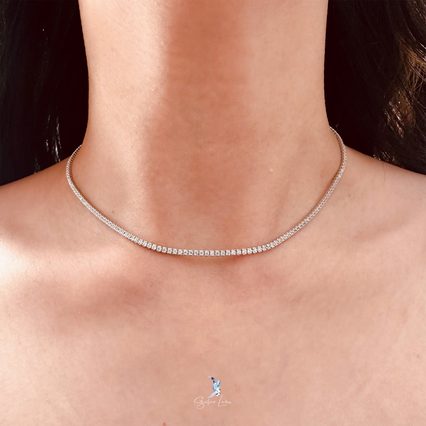 Cubic zirconia sterling silver choker necklace