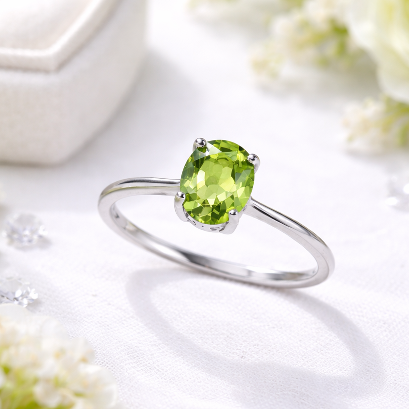 Natural peridot oval cut sterling silver ring