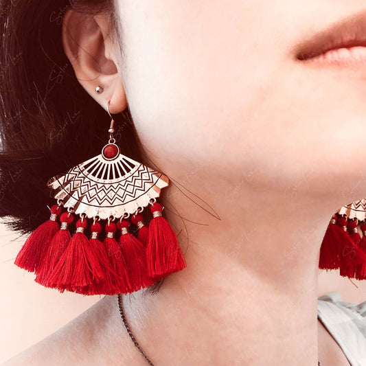 Red fan tassel dangle drop fashion earrings