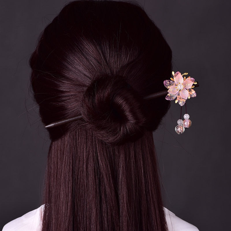 Japanese cherry flower wooden hair stick