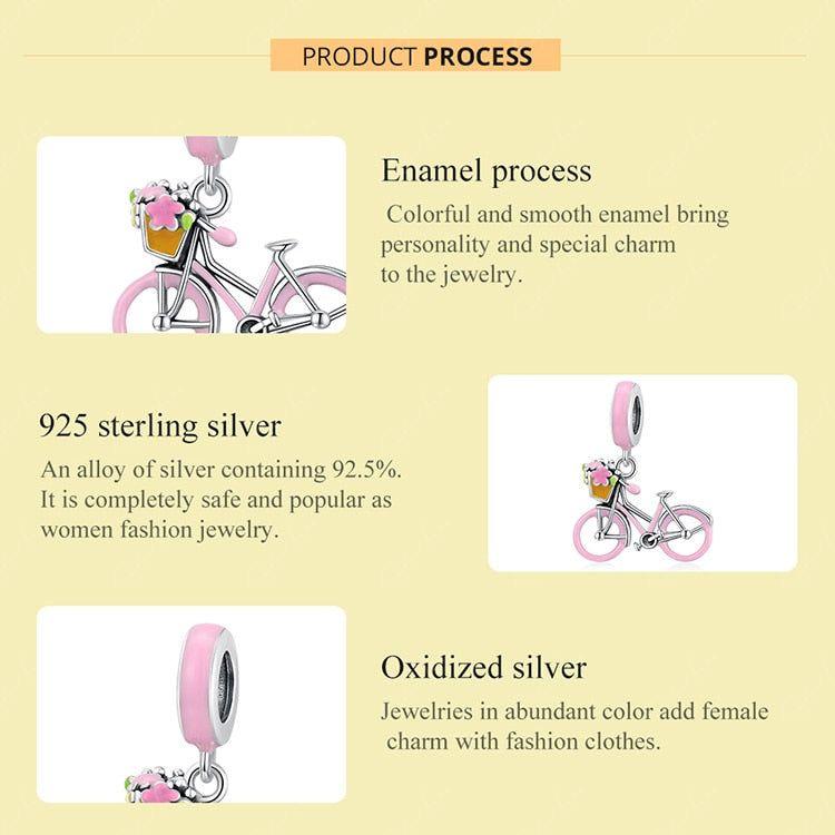 Pink bicycle with flower pendant sterling silver charm