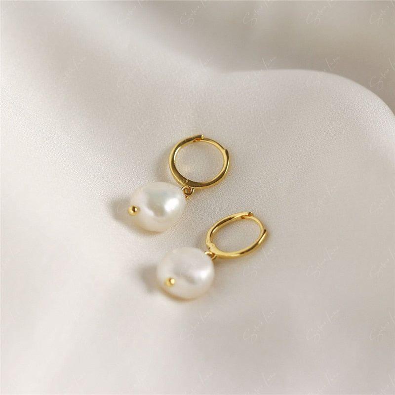 Baroque pearl drop hoop earrings in sterling silver