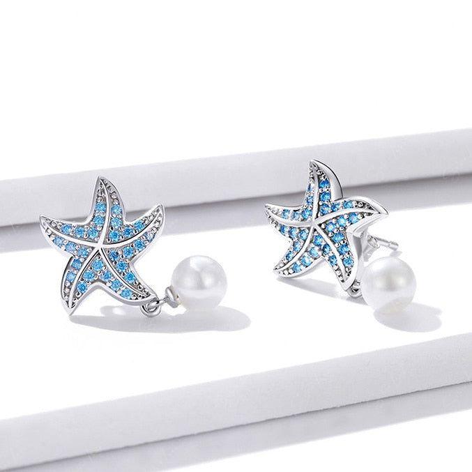 Blue starfish pearl drop sterling silver earrings