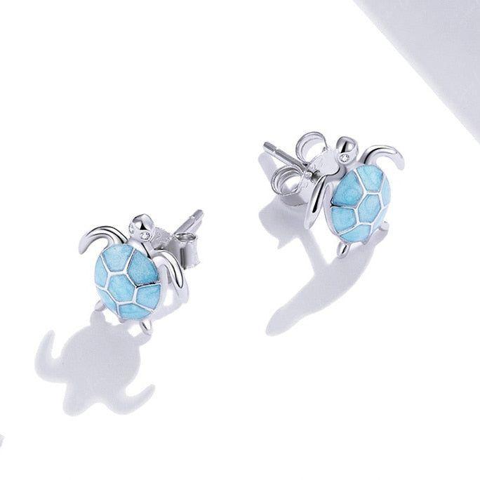 Ocean blue turtle sterling silver stud earrings