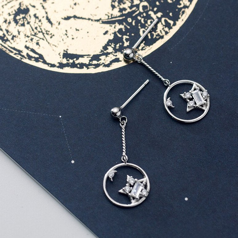 Star circle dangle drop earrings in sterling silver