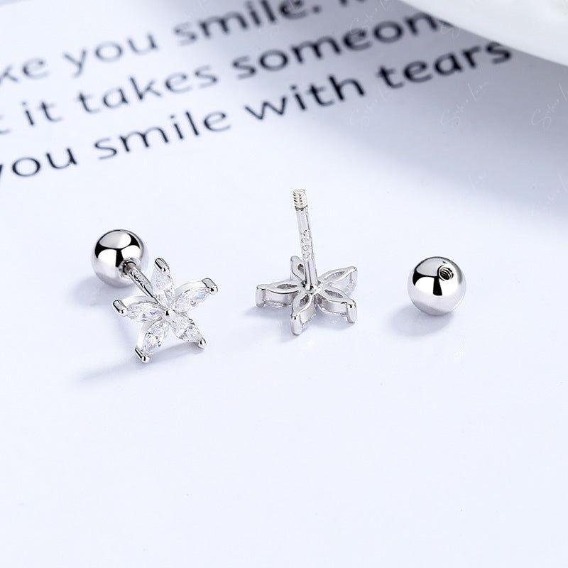 Flower Screw Ball Stud Earrings Silver