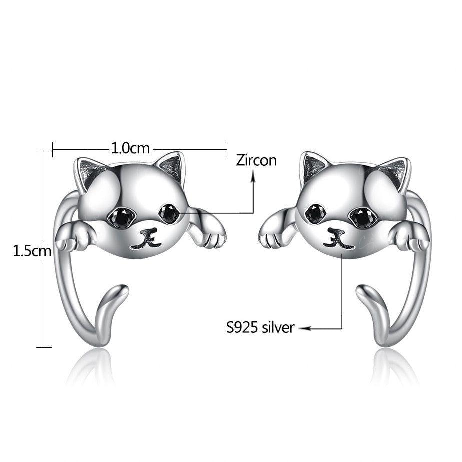Funny Hanging Cat Stud Wrap Sterling Silver Earrings