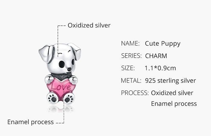 Dog holding heart sterling silver bead charm