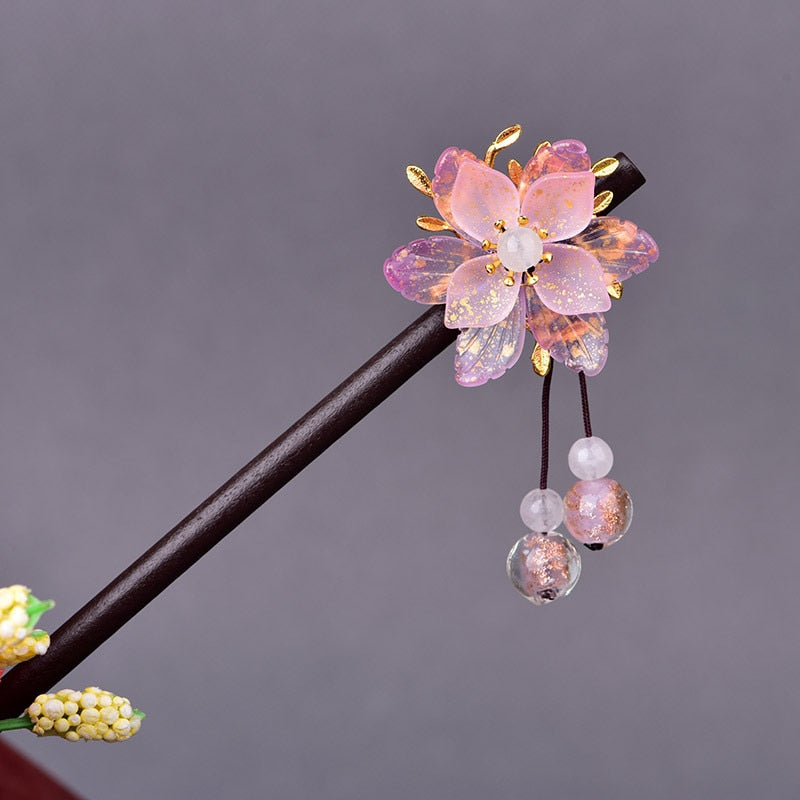 Japanese cherry flower wooden hair stick