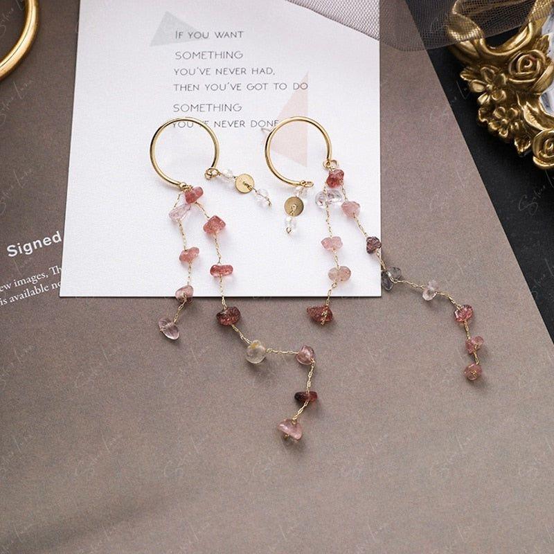 Colorful irregular stone long tassel drop earrings