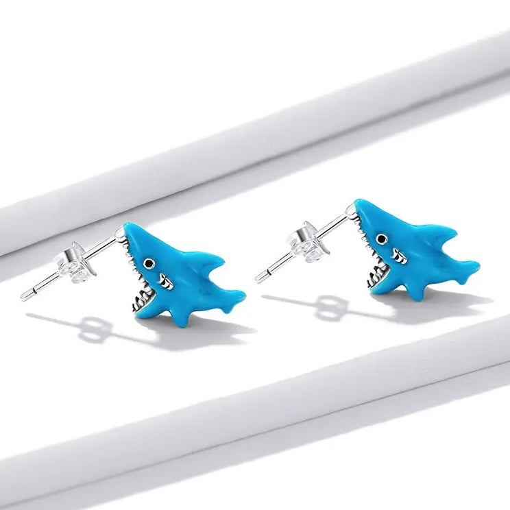 blue shark unique stud earrings