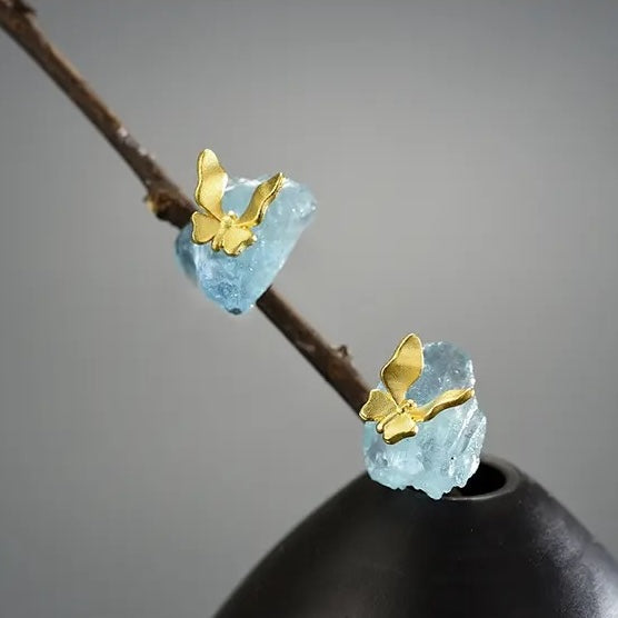 aquamarine natural stone stud earrings