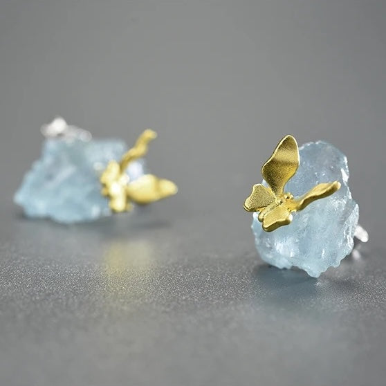 Butterfly on Aquamarine sterling silver stud earrings