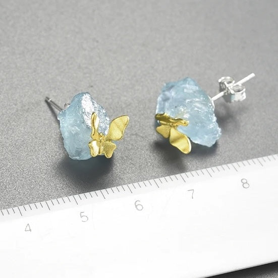 Butterfly on Aquamarine sterling silver stud earrings