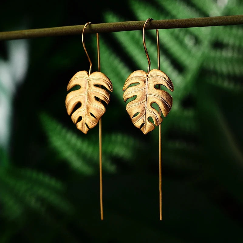 Monstera leaf dangle drop earrings