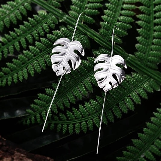 Monstera leaf sterling silver dangle drop earrings