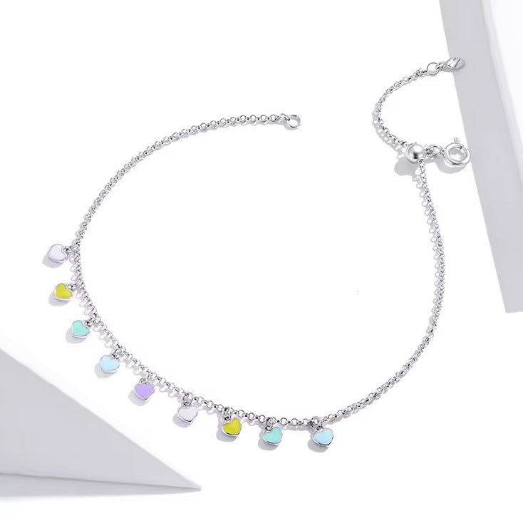 Rainbow heart charms sterling silver anklet