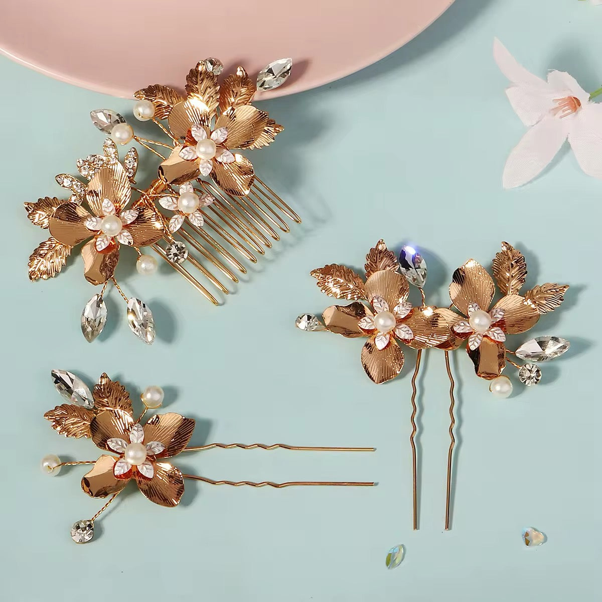 golden flower bridal hair comb