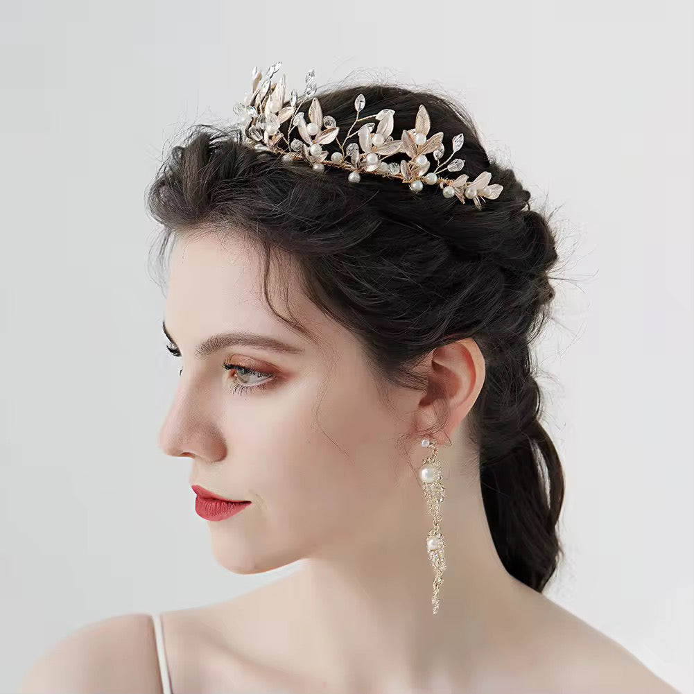 leaves and pearls bridal hair crown