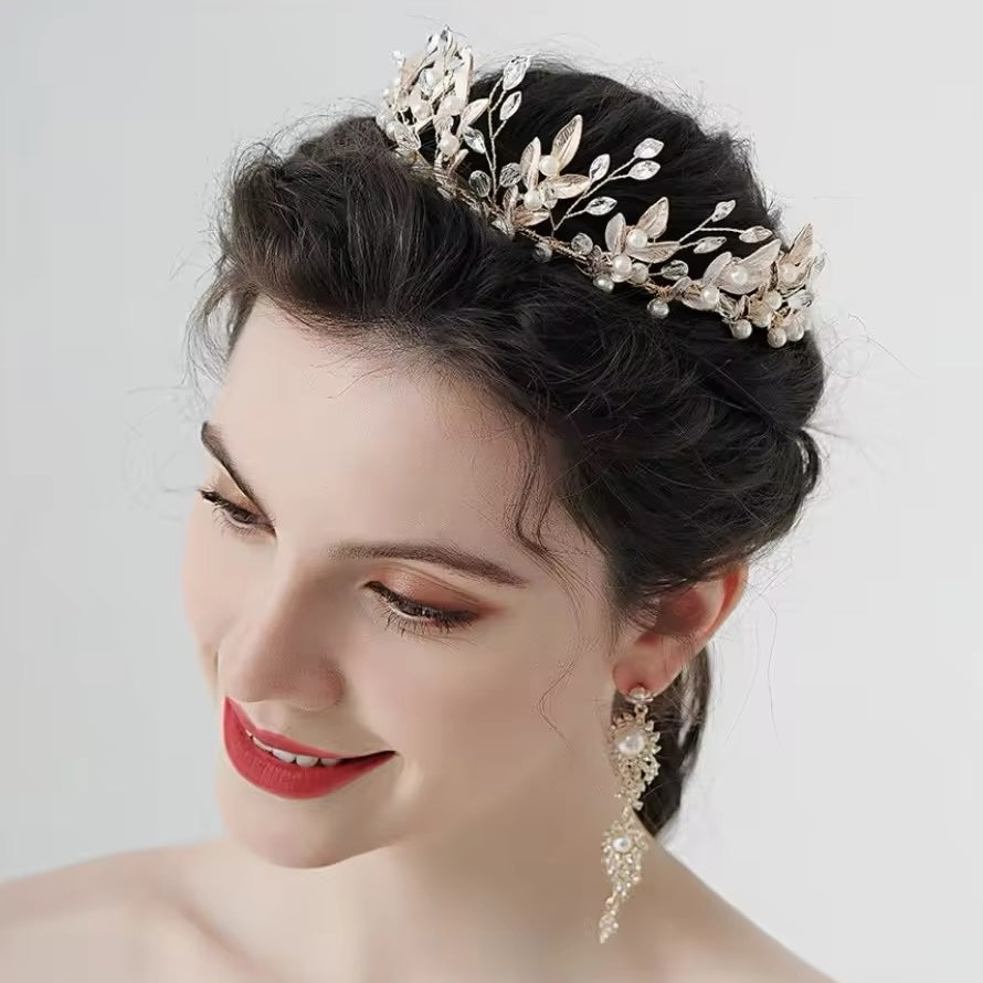 leaves and pearls bridal hair crown