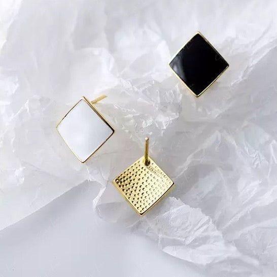 Geometric black white square stud earrings