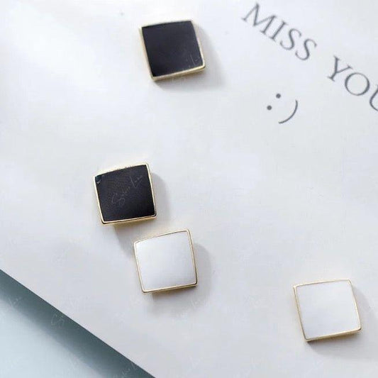 Geometric black white square stud earrings