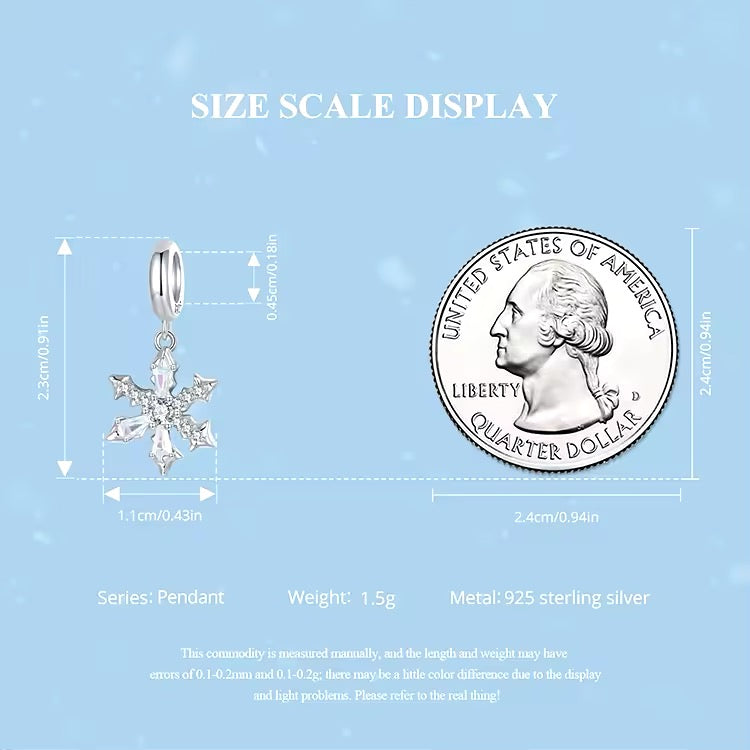 Snowflake pendant charm for bracelet in sterling silver