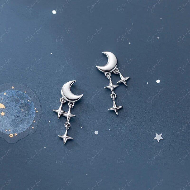 moon and star drop stud earrings