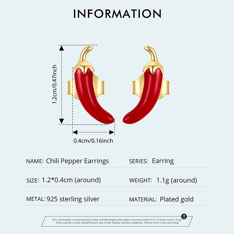 Red Chili Pepper Stud Earrings in 925 Sterling Silver