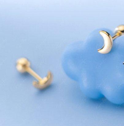 Dainty Crescent Moon Screw Cartilage Stud Earrings Gold