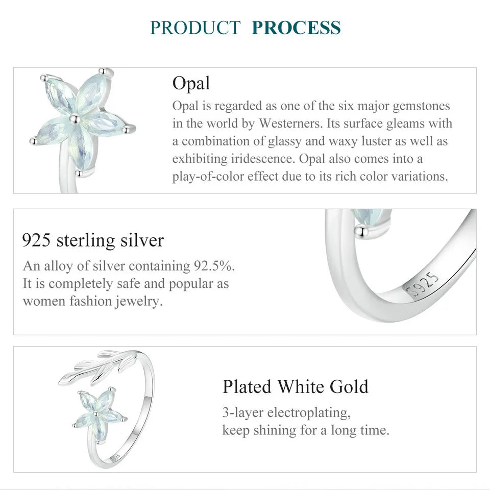 Sterling Silver Blue Flower and Leaves Adjustable Ring