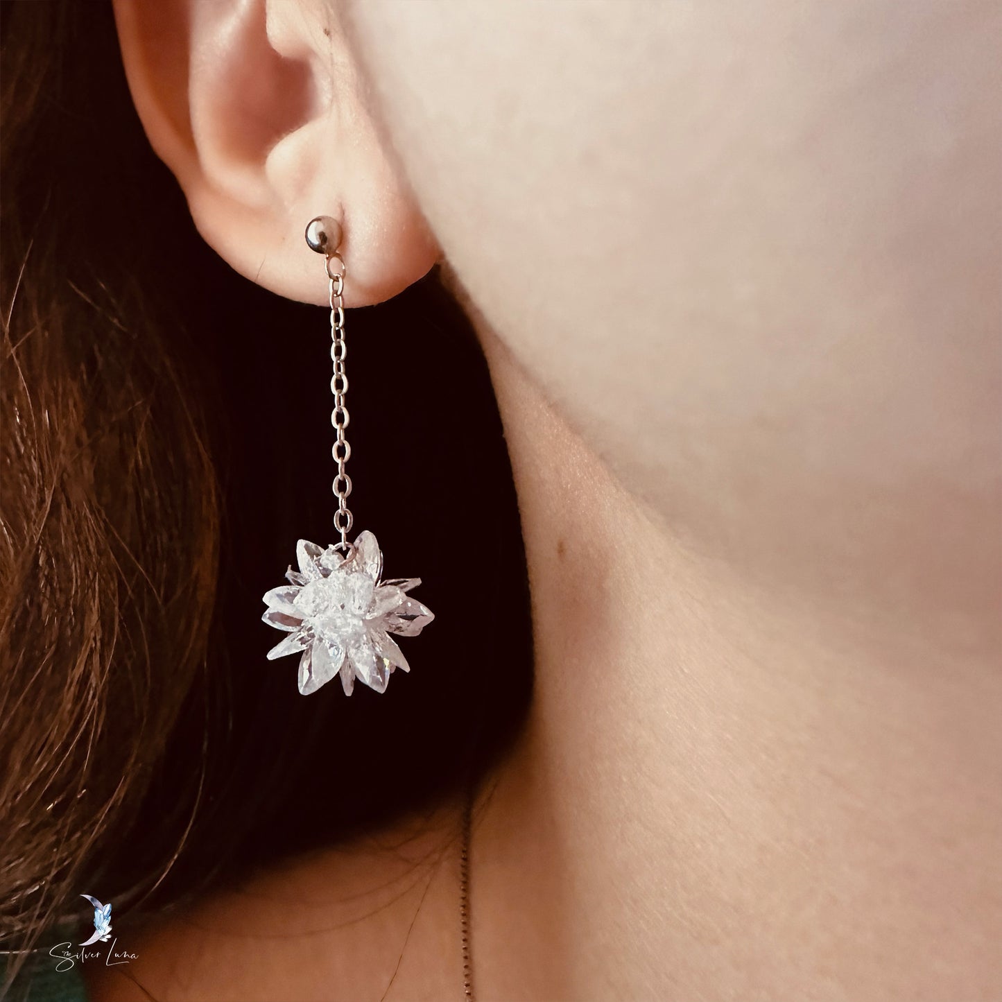 Crystal snow flower dangle drop earrings