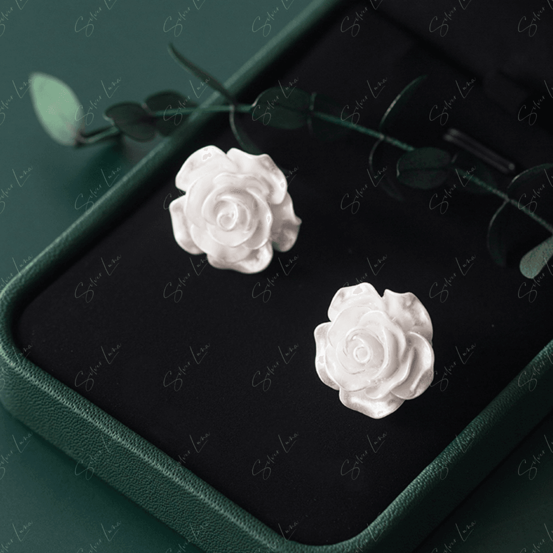 white rose flower stud earrings