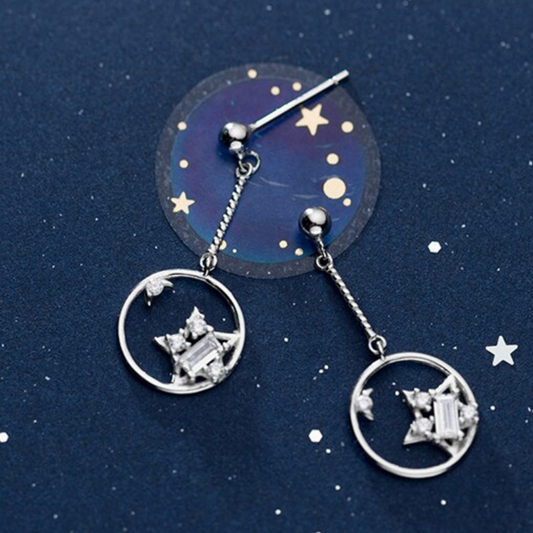 Star circle dangle drop earrings in sterling silver