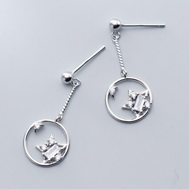 Star circle dangle drop earrings in sterling silver