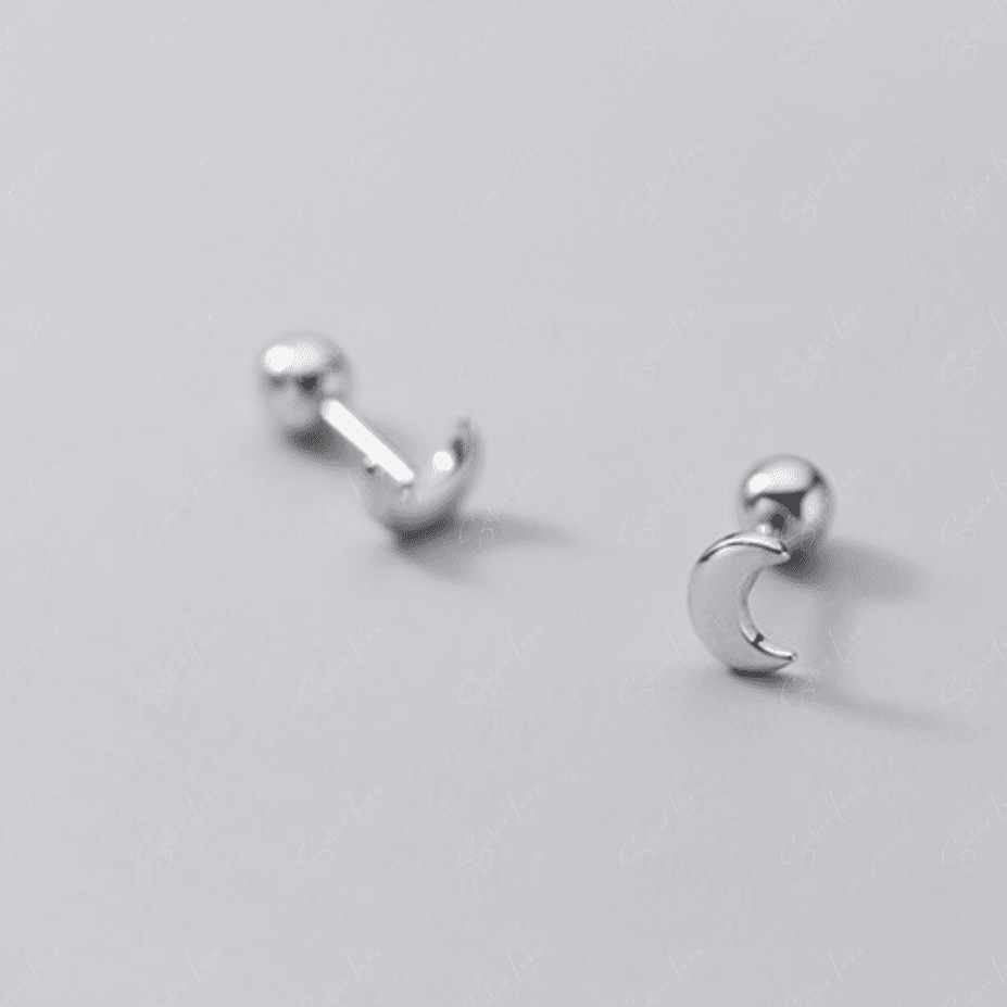 Dainty Crescent Moon Screw Cartilage Stud Earrings Silver