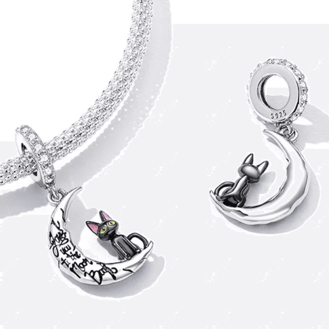 cat on moon silver charm