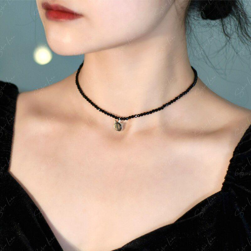 Black cat crystal bead choker necklace