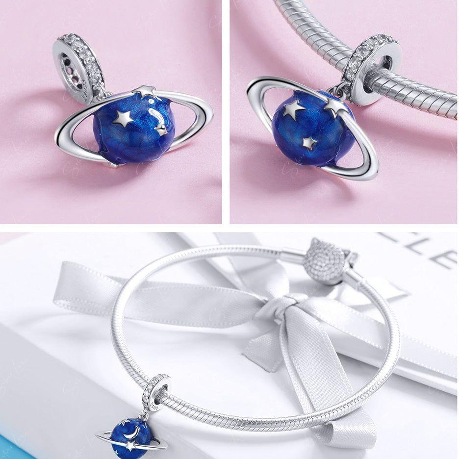 Blue planet sterling silver pendant charm for bracelet