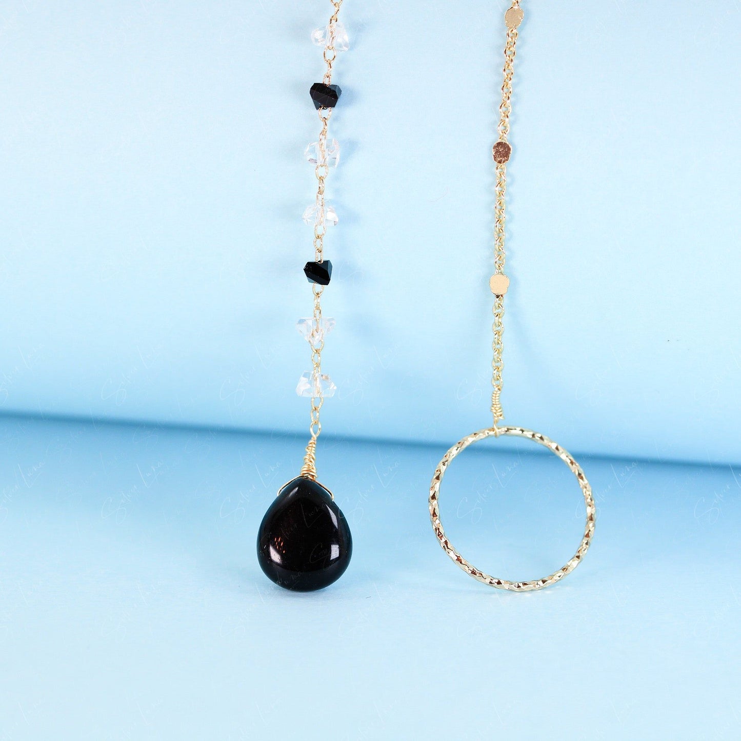 Teardrop black agate asymmetric bead chain Lariat necklace