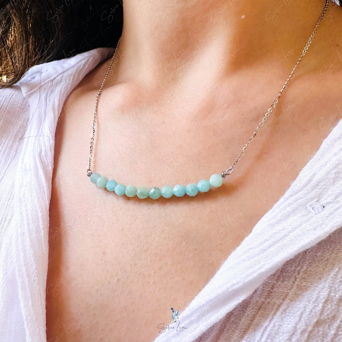 Amazonite gemstone row pendant necklace