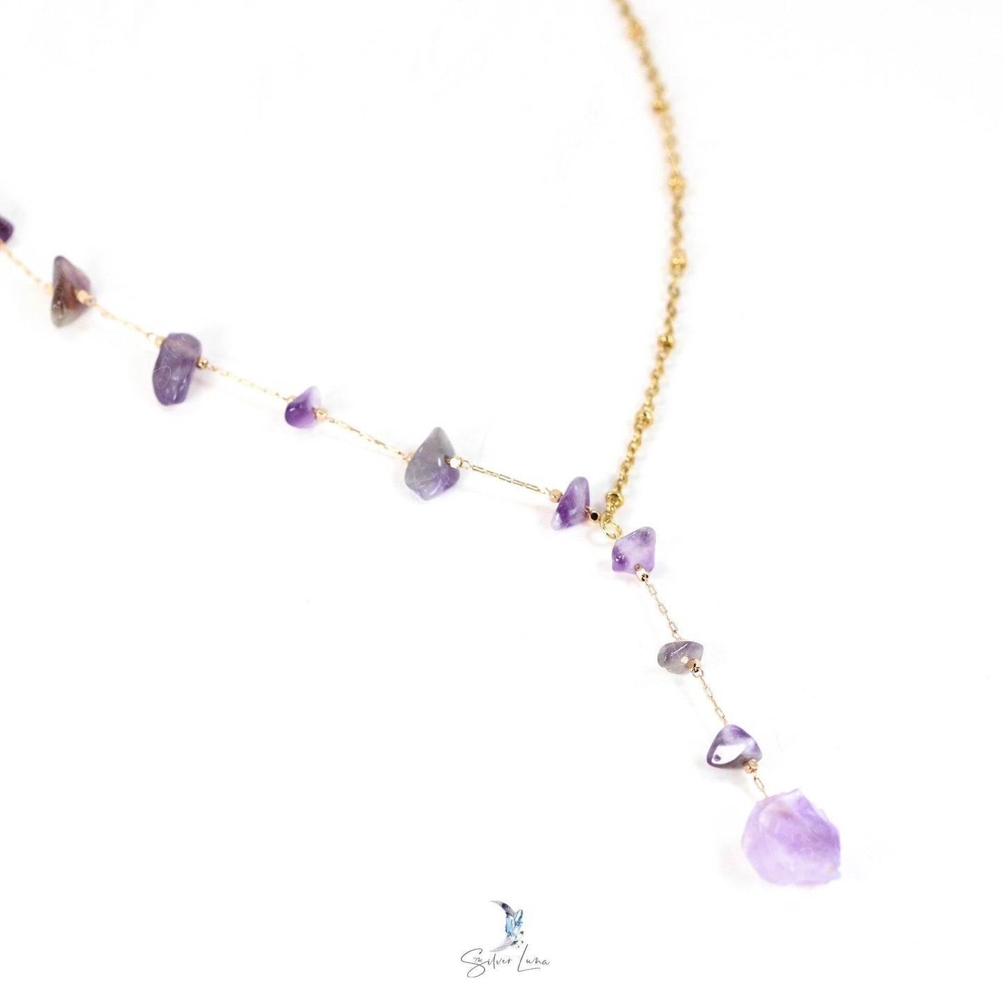 Healing Amethyst raw stone lariat Y stainless steel necklace