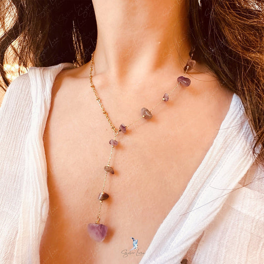 Amethyst raw stone Lariat pendant necklace