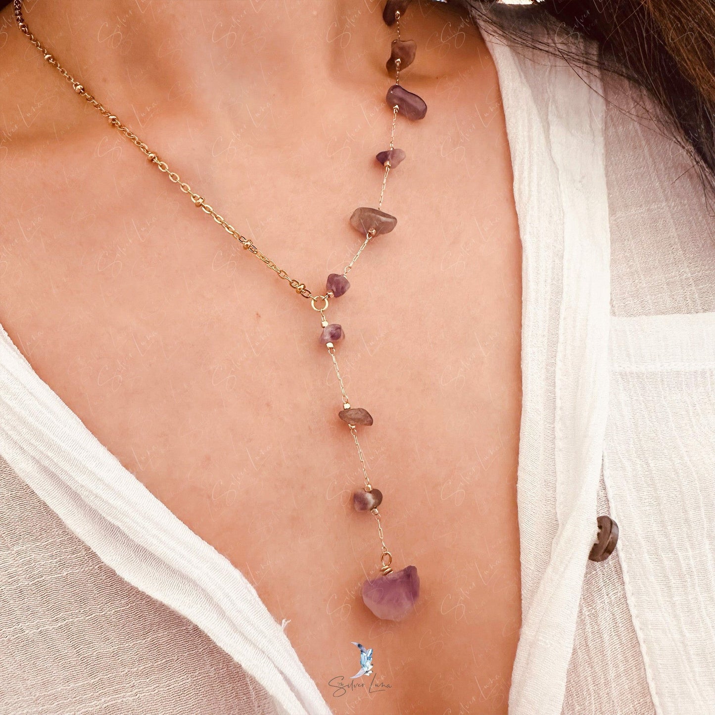 Amethyst raw stone Lariat necklace