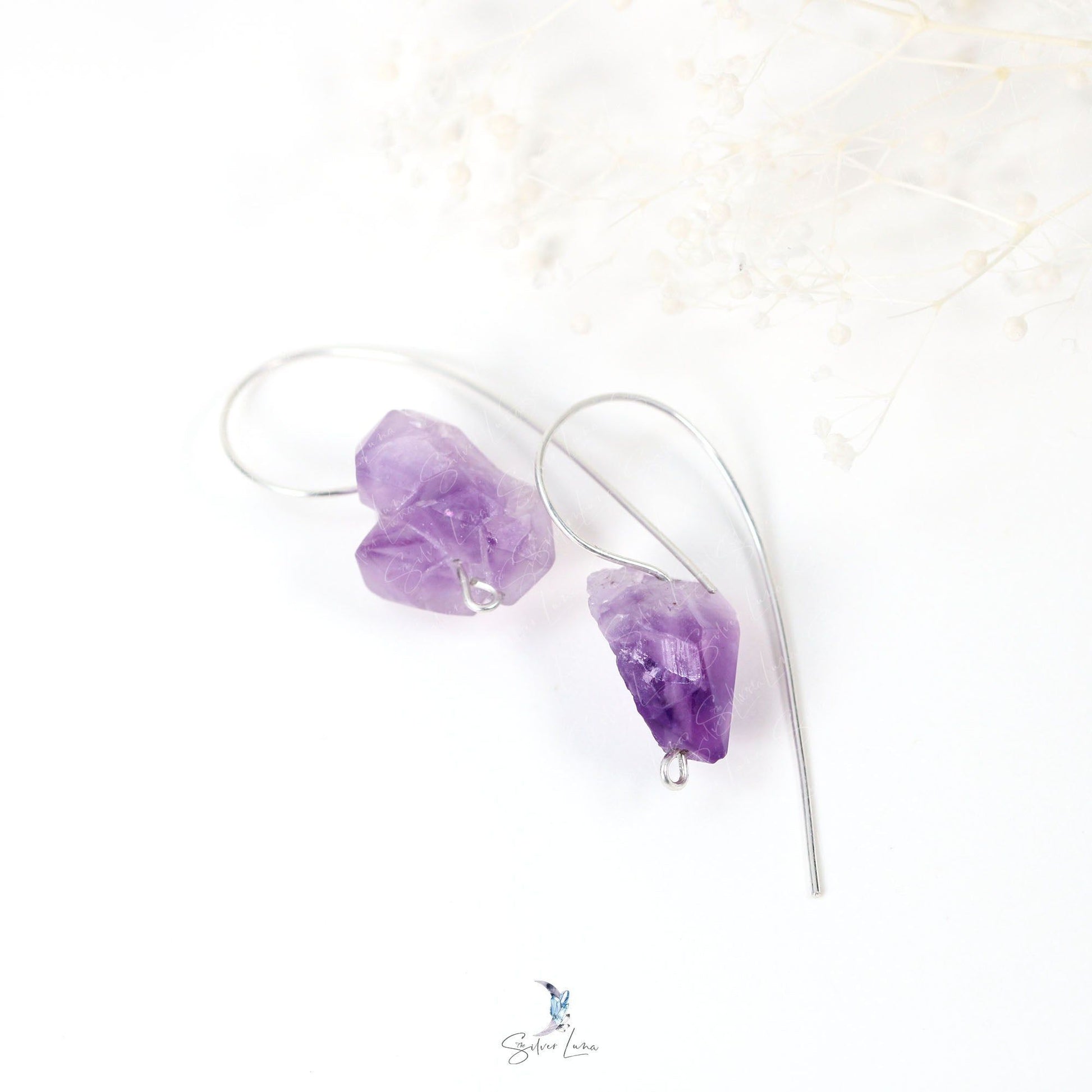 Amethyst raw stone dangle drop earrings