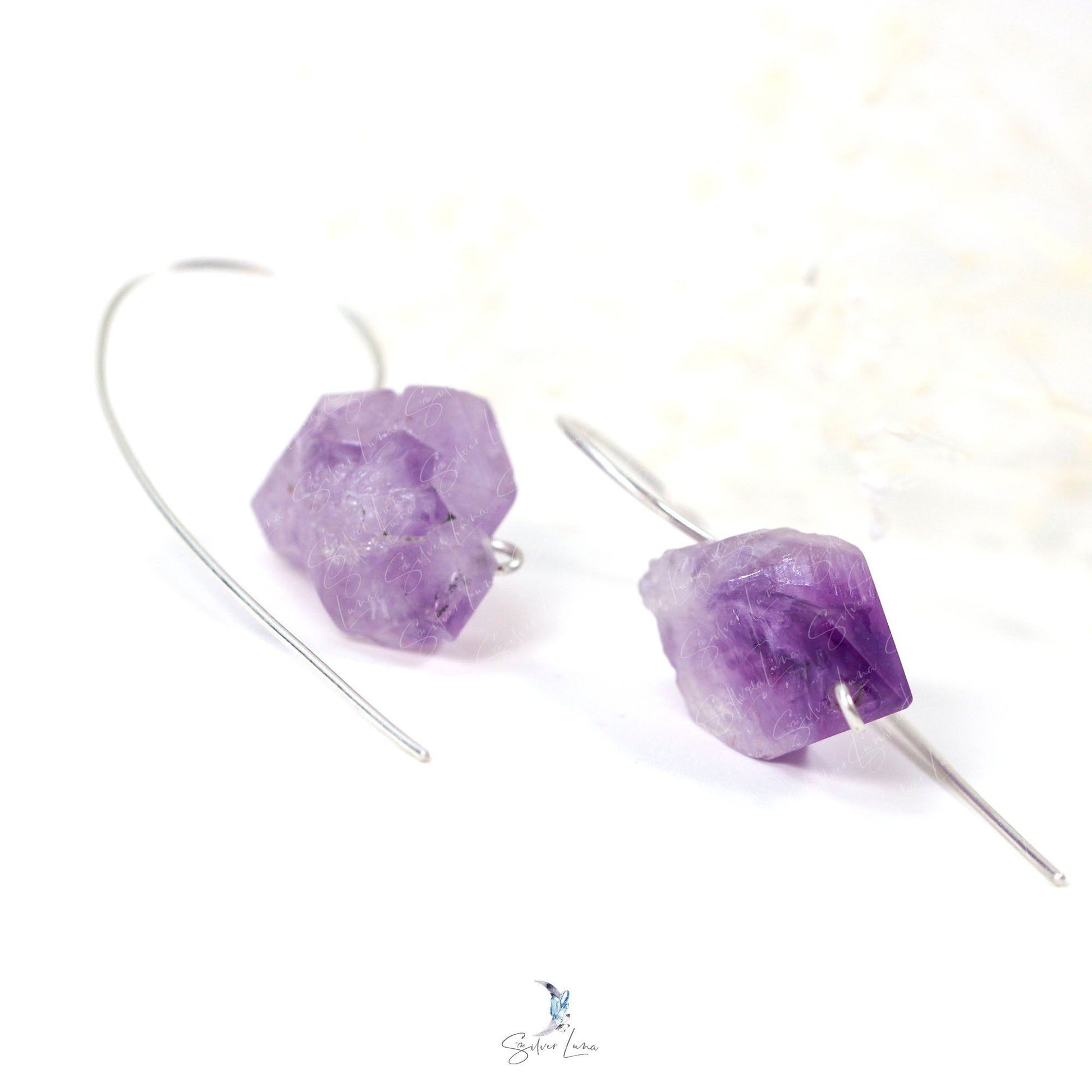 Amethyst raw stone sterling silver earrings