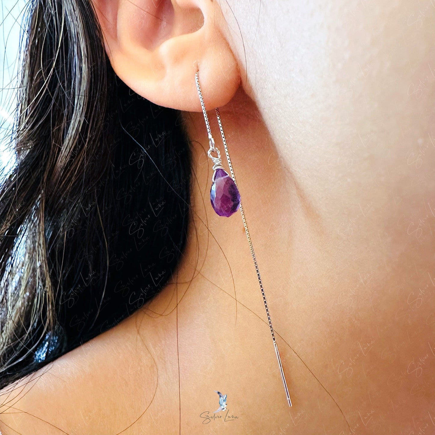 Healing Amethyst teardrop gemstone ear threaders