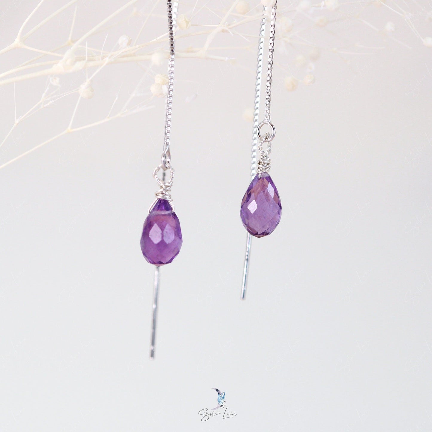 Healing Amethyst teardrop gemstone ear threaders