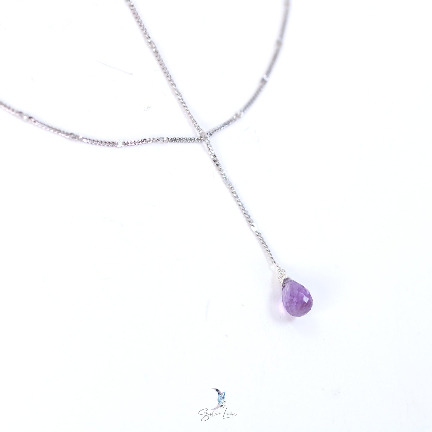 Amethyst teardrop double layer long chain necklace